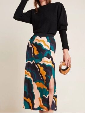 NWT Corey Lynn Calter Abstract Bias Midi Skirt Blue Motif Anthropologie L